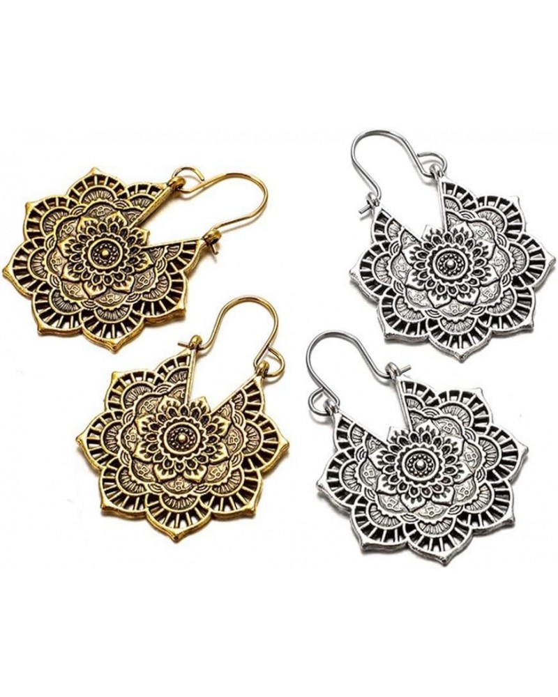 2 Pairs Tribe Flower Drop Earrings for Women Ethnic Style Round Carved Dangle Earrings $5.42 Earrings