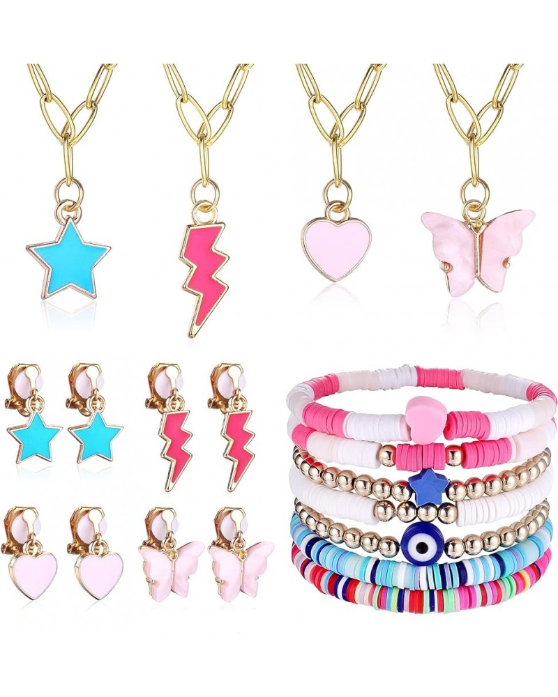 Cute Jewelry Set Heishi Bracelets Colorful Heart Star Butterfly Lightning Pendant Necklaces Clip on Drop Dangle Earrings Evil...