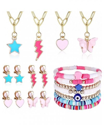 Cute Jewelry Set Heishi Bracelets Colorful Heart Star Butterfly Lightning Pendant Necklaces Clip on Drop Dangle Earrings Evil...