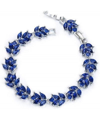 Wedding Jewerly Hand Accessory Prong Cubic Zirconia Birthstone Marquise Leaf Elegant Tennis Bracelet A_Sapphire Blue Silver-T...