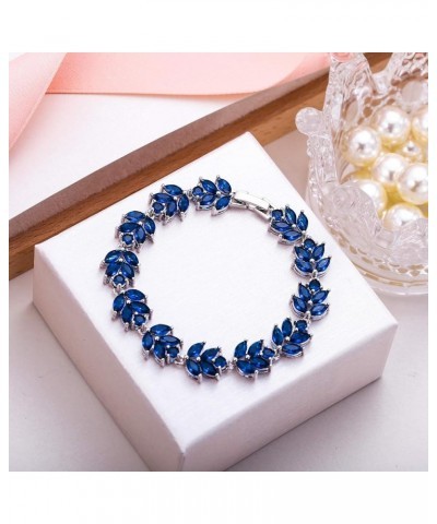 Wedding Jewerly Hand Accessory Prong Cubic Zirconia Birthstone Marquise Leaf Elegant Tennis Bracelet A_Sapphire Blue Silver-T...