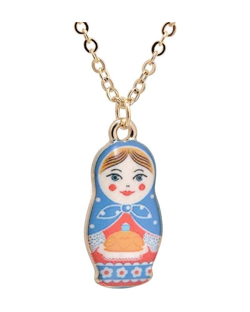 Spinningdaisy Folk Art Russian Doll Babushka Necklace Blue $8.99 Necklaces