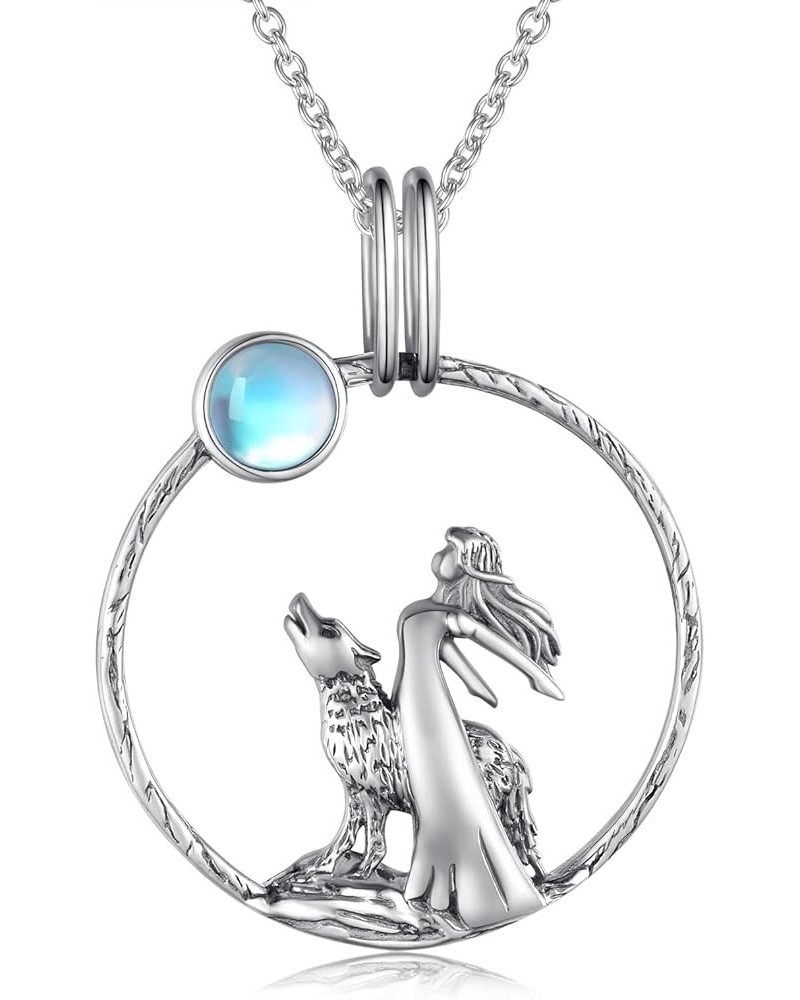 Moonstone Wolf And Girl Necklace for Girls,925 Sterling Silver Created Cubic Zirconia Moon Wolf Pendant Necklaces,Animal Wolf...