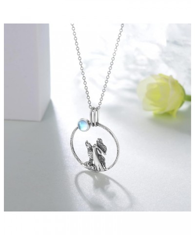 Moonstone Wolf And Girl Necklace for Girls,925 Sterling Silver Created Cubic Zirconia Moon Wolf Pendant Necklaces,Animal Wolf...