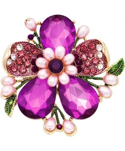 Women's Stunning Statement Crystal Teardrop And Pave Petals With Simulated Pearl Flower Large Stretch Cocktail Ring Purple Cr...