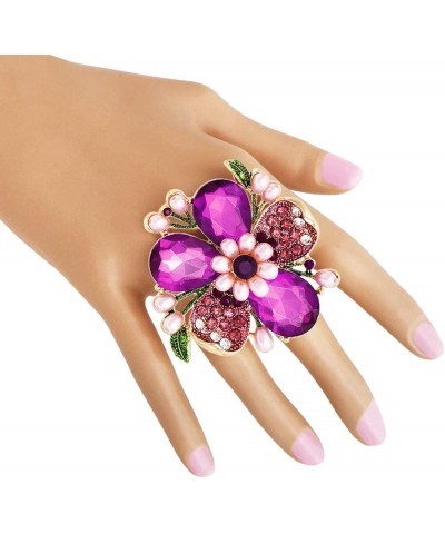 Women's Stunning Statement Crystal Teardrop And Pave Petals With Simulated Pearl Flower Large Stretch Cocktail Ring Purple Cr...