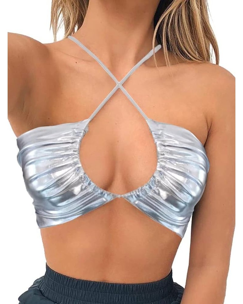 Women Squre Neck Buckle Strap Cami Crop Tube Top 00cross-metallic Silver $20.89 Clothing