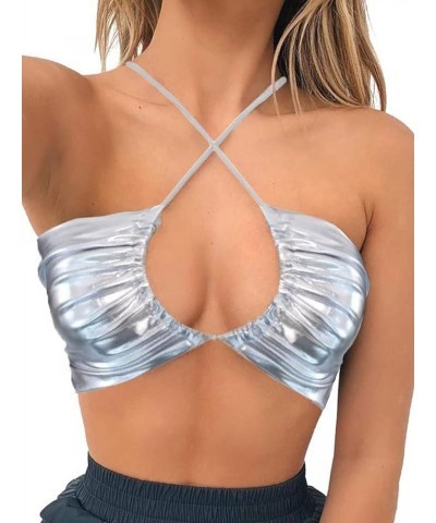 Women Squre Neck Buckle Strap Cami Crop Tube Top 00cross-metallic Silver $20.89 Clothing