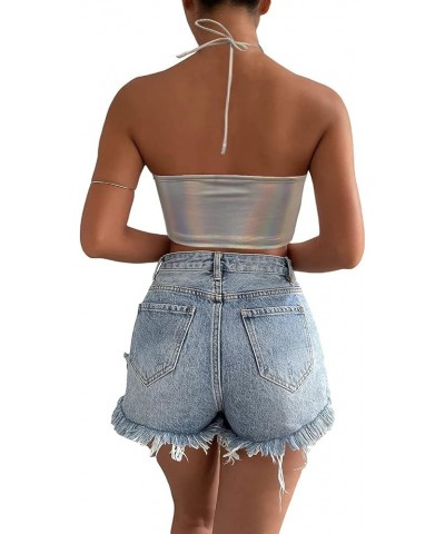 Women Squre Neck Buckle Strap Cami Crop Tube Top 00cross-metallic Silver $20.89 Clothing