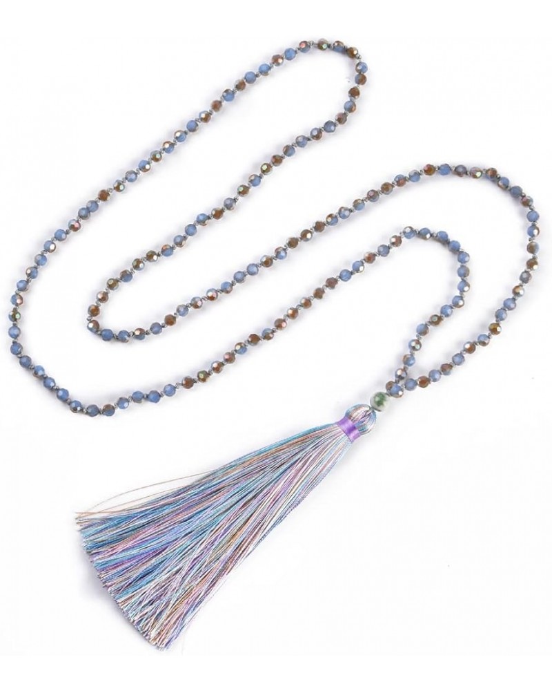 Long Tassel Necklace Crystal Beaded Tassel Necklace for Women Blue 2 $7.19 Necklaces