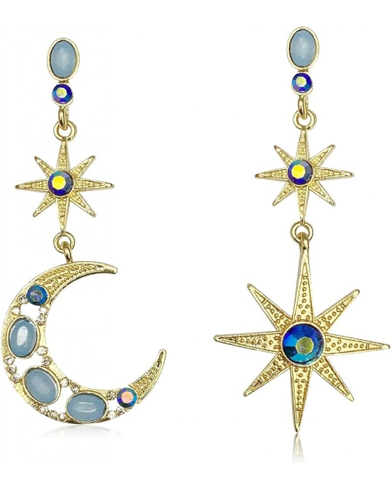 Unique Bohemian Elegant 18k Gold Sparkly Blue Crystal Moon Star Dangle Drop Earrings Dainty Moon Sun Stud Earring for Women G...