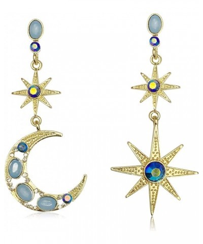 Unique Bohemian Elegant 18k Gold Sparkly Blue Crystal Moon Star Dangle Drop Earrings Dainty Moon Sun Stud Earring for Women G...