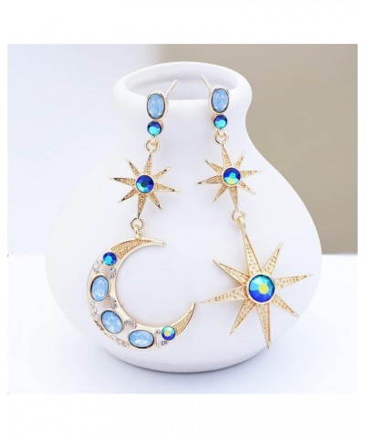 Unique Bohemian Elegant 18k Gold Sparkly Blue Crystal Moon Star Dangle Drop Earrings Dainty Moon Sun Stud Earring for Women G...