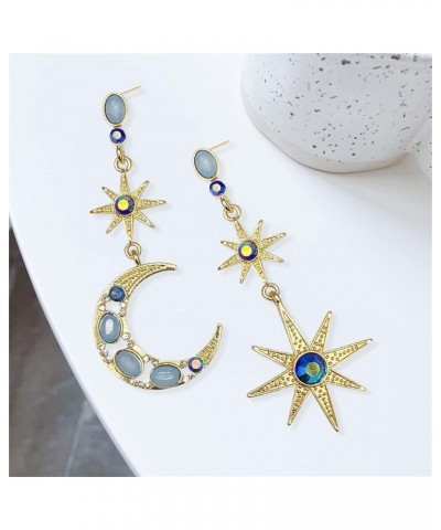 Unique Bohemian Elegant 18k Gold Sparkly Blue Crystal Moon Star Dangle Drop Earrings Dainty Moon Sun Stud Earring for Women G...