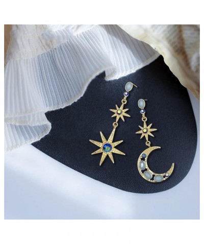 Unique Bohemian Elegant 18k Gold Sparkly Blue Crystal Moon Star Dangle Drop Earrings Dainty Moon Sun Stud Earring for Women G...