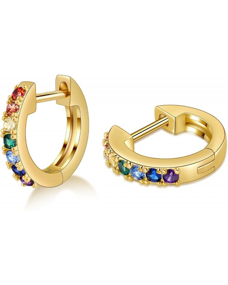 Gold Huggie Earrings for Women 14K Real Gold Plated with Multi-Color Cubic Zirconia, 1/2 Inch Small Gold Hoop Earrings Cartil...