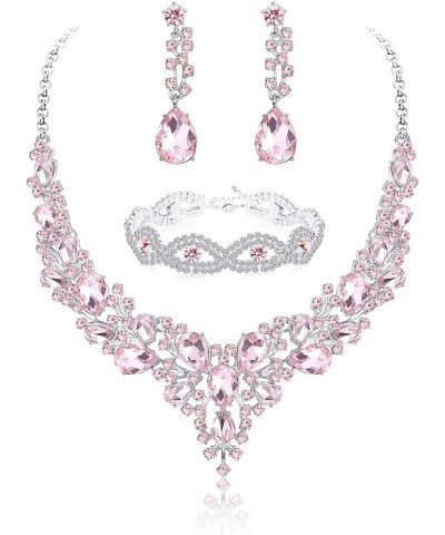 Crystal Bridal Jewelry Set for Women Rhinestone Necklace Earrings Bracelet Wedding Bridesmaid F:3pcs-pink $9.87 Jewelry Sets