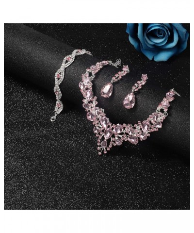 Crystal Bridal Jewelry Set for Women Rhinestone Necklace Earrings Bracelet Wedding Bridesmaid F:3pcs-pink $9.87 Jewelry Sets