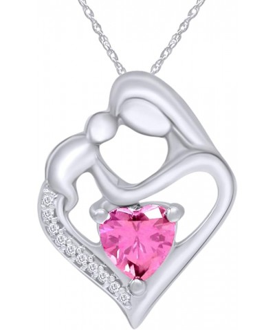 Simulated Birthstone & White Natural Diamond Accent Mother & Child Heart Pendant Necklace In 14k White Gold Over Sterling Sil...