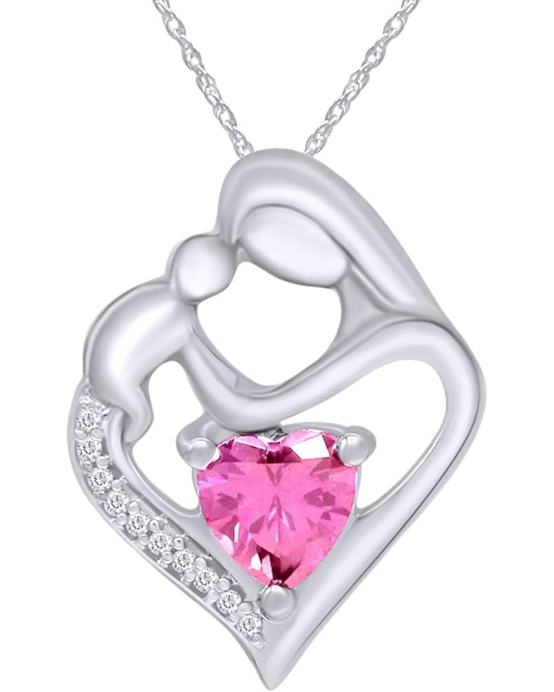 Simulated Birthstone & White Natural Diamond Accent Mother & Child Heart Pendant Necklace In 14k White Gold Over Sterling Sil...