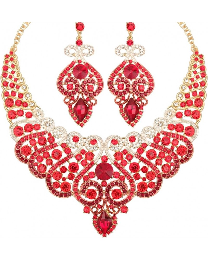 Luxury Big Statement Bib Necklace Earrings Sets Wedding Party Prom Dress Costume Jewelry Set Accessories for Brides Women red...