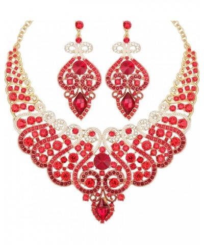 Luxury Big Statement Bib Necklace Earrings Sets Wedding Party Prom Dress Costume Jewelry Set Accessories for Brides Women red...