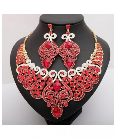 Luxury Big Statement Bib Necklace Earrings Sets Wedding Party Prom Dress Costume Jewelry Set Accessories for Brides Women red...