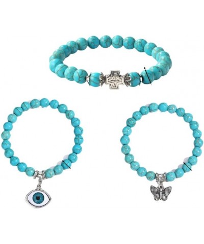 3 pcs Turquoise Bracelet Ocean Design Seashell Cross Pendant Healing Crystal Stone Stretch Round Bead Bracelets for Women Men...