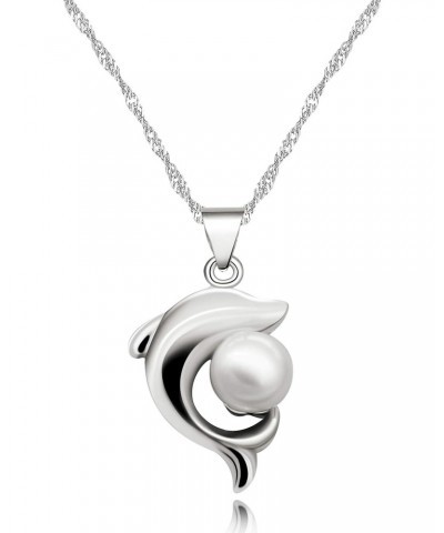 Girls Cute White Dolphin Pendant Necklace for Women Silver Color Created Pearl Necklace for Mom Girlfriend Mother Day Birthda...