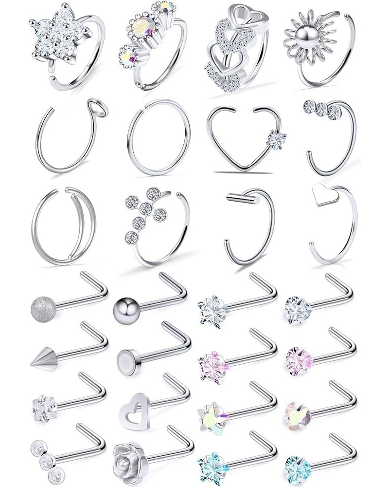 18G 20G Nose Rings Studs Nose Hoops 316L Surgical Steel Hypoallergenic Silver Nose Piercings Straight Screw L Shaped Nostril ...