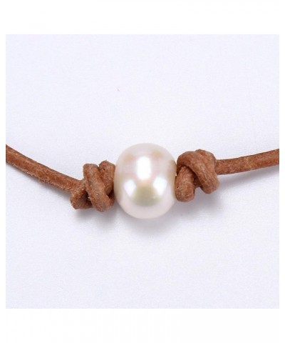 Single Pearl Choker Necklace on Genuine Leather Cord for Women Handmade Choker Jewelry Gift 18" Tan $7.00 Necklaces