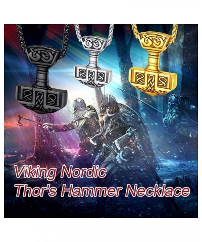 Viking Thor's Hammer Talisman Necklace for Men, Vintage Norse Mjolnir Amulet Pendant with Sturdy Wheat Chain, Stainless Steel...