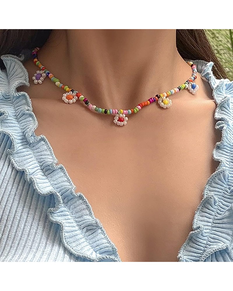 Cute Seed Beads Flower Rainbow Necklace Boho Colorful Beaded Chain Summer Beach Colored Beads Choker for Women Teen Girls $6....