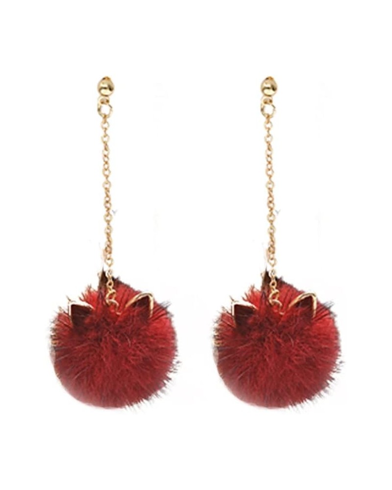 Fur Pom Pom Earrings Cute Cat Ears Pom Earrings for Women Long Chain Tassel Faux Fur Fluffy Drop Earrings Fashion Pom Ball Da...