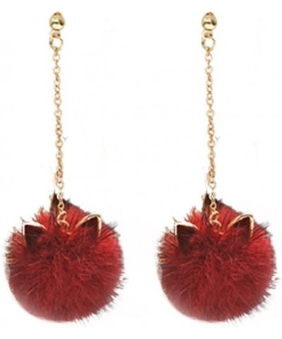 Fur Pom Pom Earrings Cute Cat Ears Pom Earrings for Women Long Chain Tassel Faux Fur Fluffy Drop Earrings Fashion Pom Ball Da...