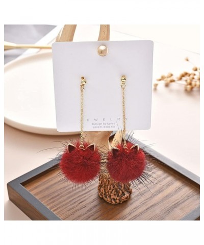 Fur Pom Pom Earrings Cute Cat Ears Pom Earrings for Women Long Chain Tassel Faux Fur Fluffy Drop Earrings Fashion Pom Ball Da...