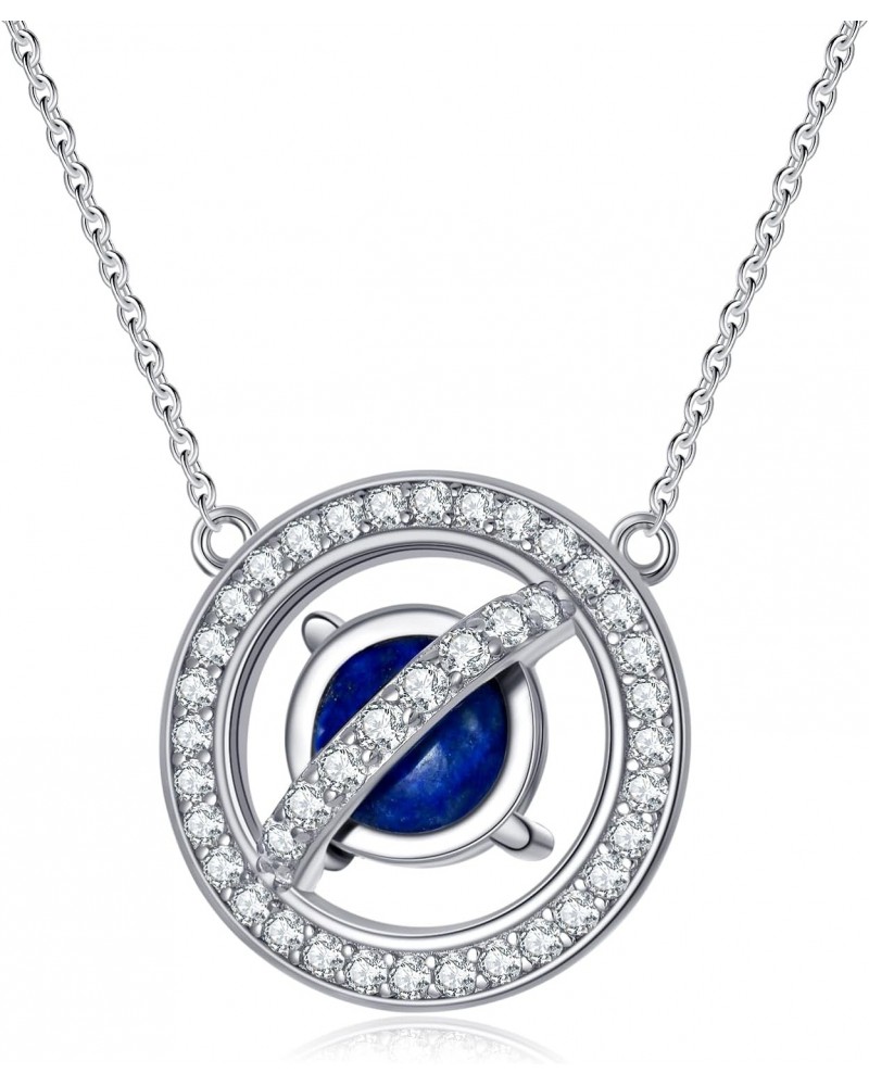 Lapis Lazuli Necklace 925 Sterling Silver Planet Lapis Lazuli Pendant Necklace for Women 10mm Genuine Blue Lapis Lazuli Neckl...