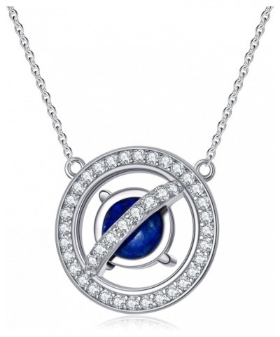 Lapis Lazuli Necklace 925 Sterling Silver Planet Lapis Lazuli Pendant Necklace for Women 10mm Genuine Blue Lapis Lazuli Neckl...