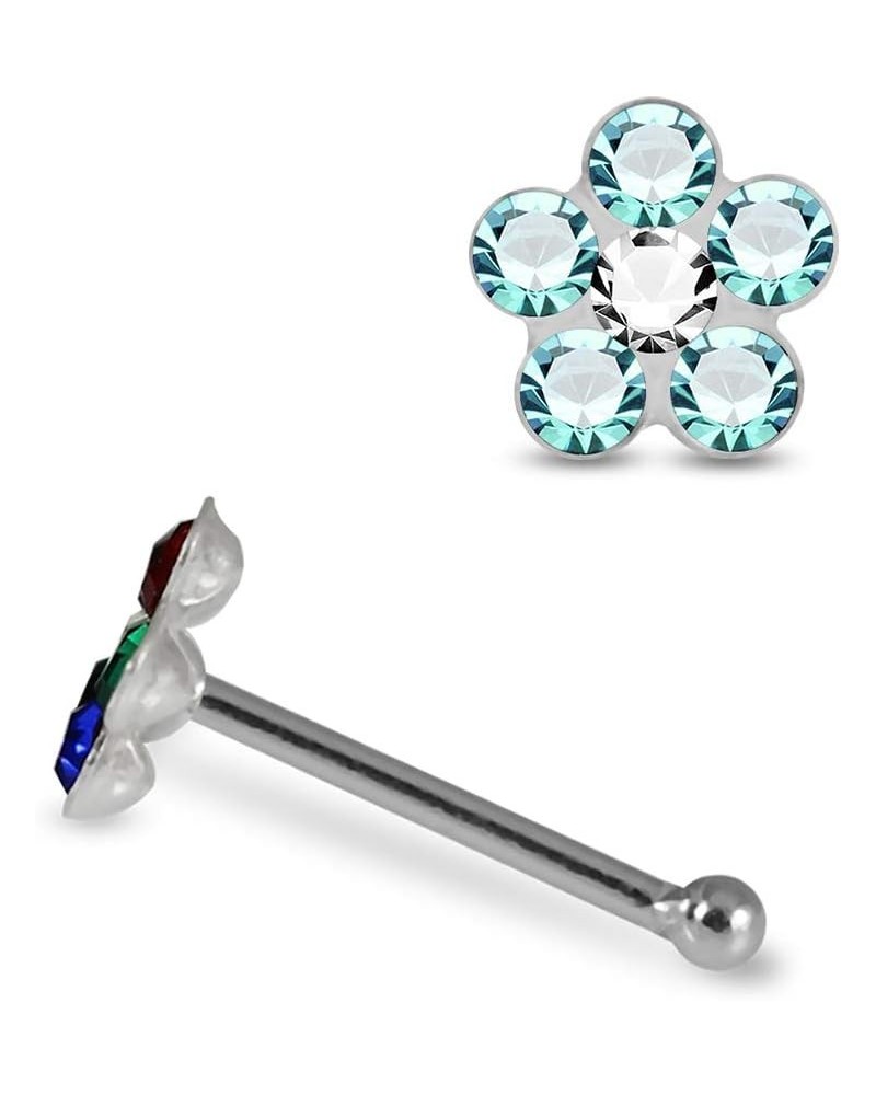 Colorful Multi Crystal Flower Top 22 Gauge 925 Sterling Silver Ball End Nose Stud Nose Piercing Light Blue $8.75 Body Jewelry