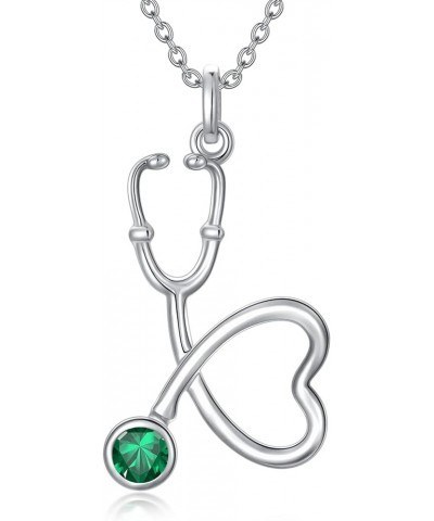 Nurse Necklace for Women, Sterling Silver Heart Stethoscope Pendant with Clear Birthstone Medicine Nursing Jewelry Gift for D...