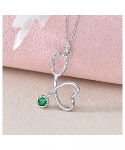 Nurse Necklace for Women, Sterling Silver Heart Stethoscope Pendant with Clear Birthstone Medicine Nursing Jewelry Gift for D...