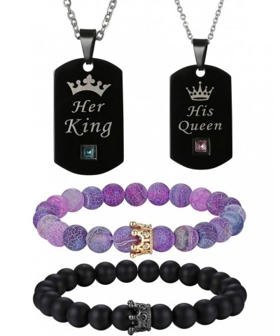 4pcs His and Hers Couple Bracelet Necklace Set, CZ His Queen Her King Crown Dog Tag Pendant Necklace Matte Agate CZ Crown Que...