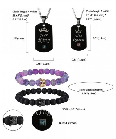 4pcs His and Hers Couple Bracelet Necklace Set, CZ His Queen Her King Crown Dog Tag Pendant Necklace Matte Agate CZ Crown Que...