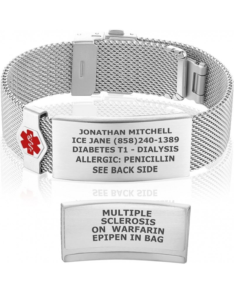 Stainless Steel Milanese Loop Medical Alert Bracelets with Secure Deployment Clasp (Fits Wrist Sizes 5.5-7.8") Stainless Silv...