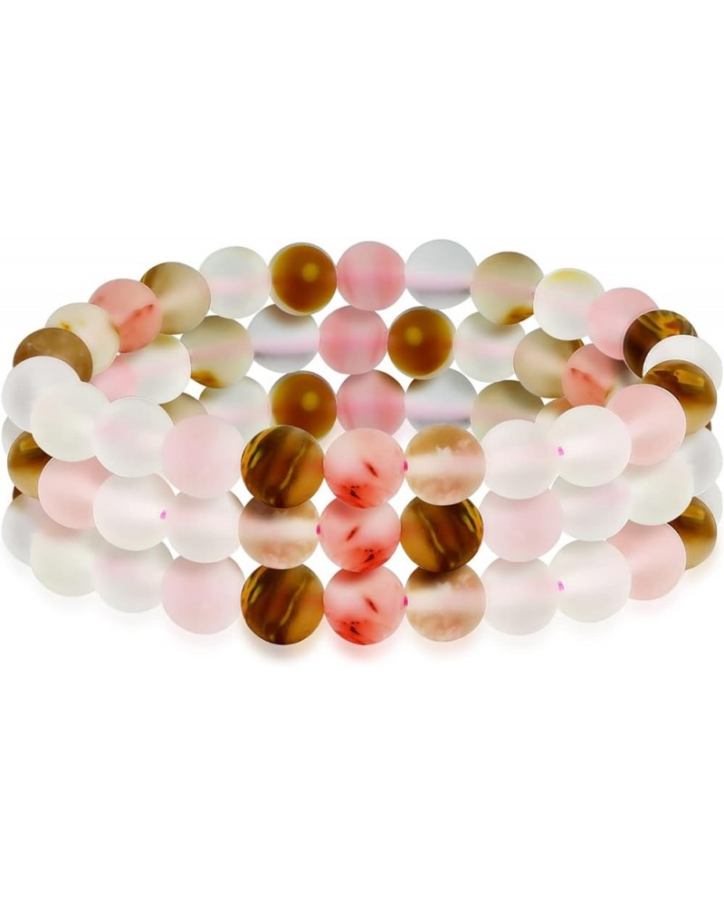 Unisex Stackable Set Of 3 Gemstone Round Bead 8MM Stretch Bracelet For Women Teen Men Multi Strand Stacking Adjustable Rose Q...