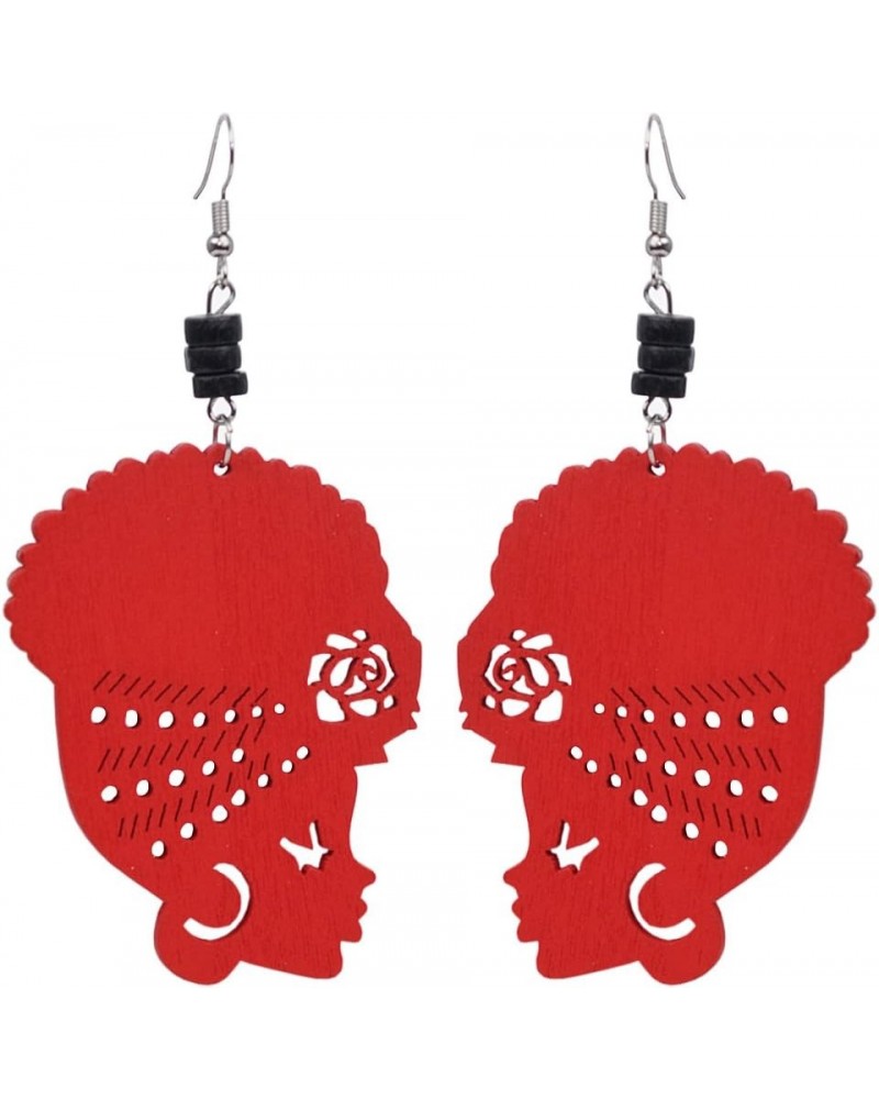 Wooden Flower Turban African Woman Head and Bead Dangle Hook Earrings Red, Black Bead $6.23 Earrings