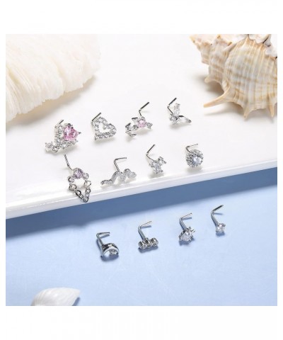 12Pcs 20G Nose Rings for Women Dangle Nose Ring Studs Stainless Steel L Shaped Nose Studs Heart Snake Butterfly CZ Dangling N...