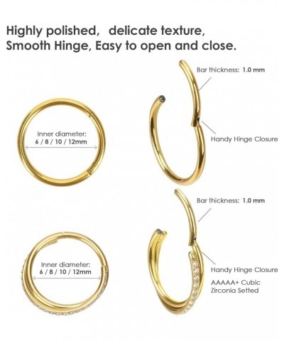 Titanium Nose Rings Hoops 20G 18G 16G Hinged Nose Rings, Diameter 5mm to 14mm 24K Gold Plated Septum Ring, Segment Clicker Ri...