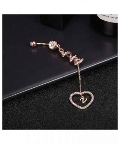 14G Belly Button Ring Dangle with Initials for Women Rose Gold Plated Navel Ring 316L Stainless Steel Heart Pendant Belly Pie...