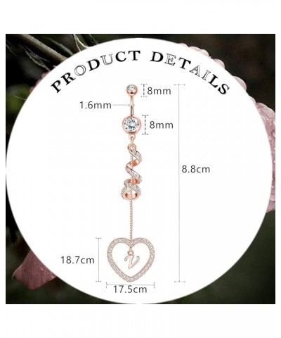 14G Belly Button Ring Dangle with Initials for Women Rose Gold Plated Navel Ring 316L Stainless Steel Heart Pendant Belly Pie...